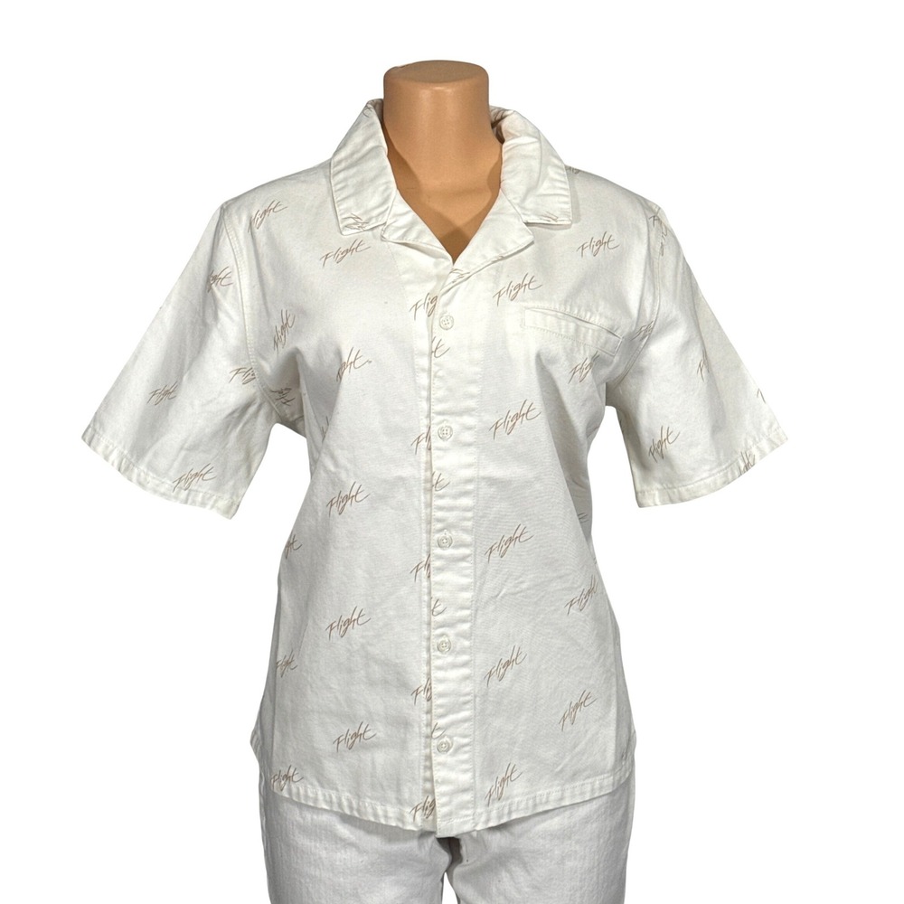 Jordan Flight Womens Short Sleeve Button Up Top White Script Print Loose Fit M